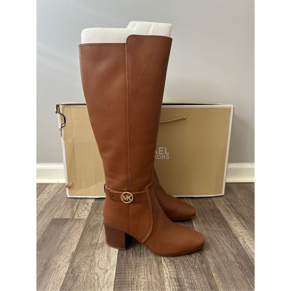 Michael Kors Side Zip Logo Buckle Carmen Leather Tall Riding Boots Luggage Sz 7 - Picture 6 of 9
